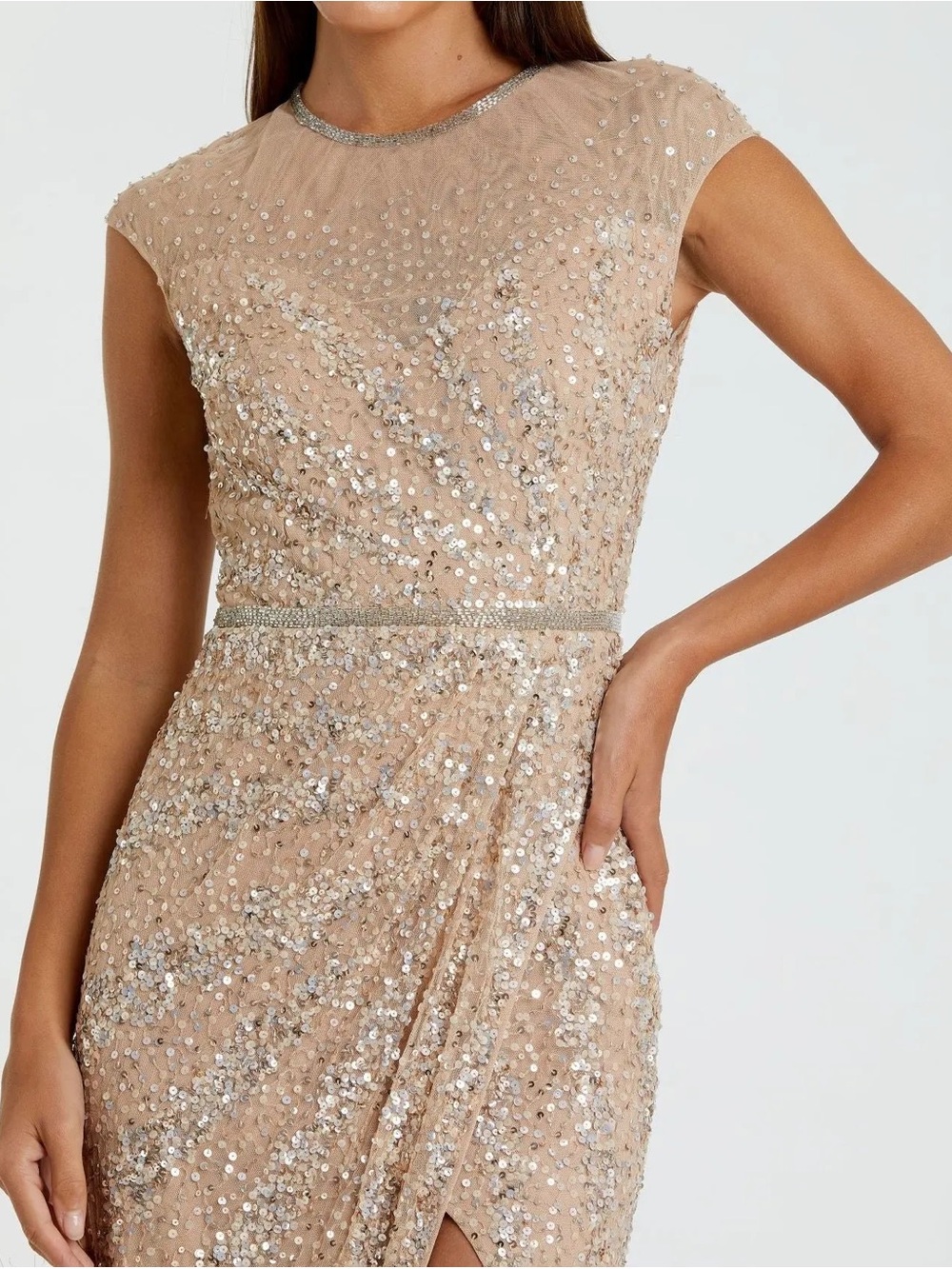 Mac Duggal 5619 Beige Embellished Illusion High Neck Cap Sleeve Gown Size 8 NWT - Picture 2 of 11
